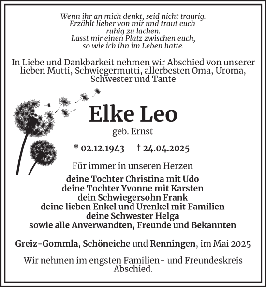 Traueranzeige von Elke Leo von Ostthüringer Zeitung