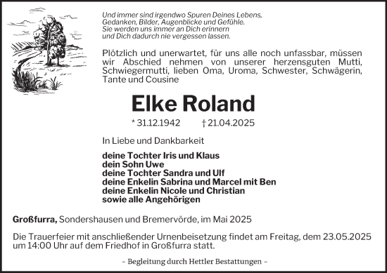 Traueranzeige von Elke Roland von Thüringer Allgemeine