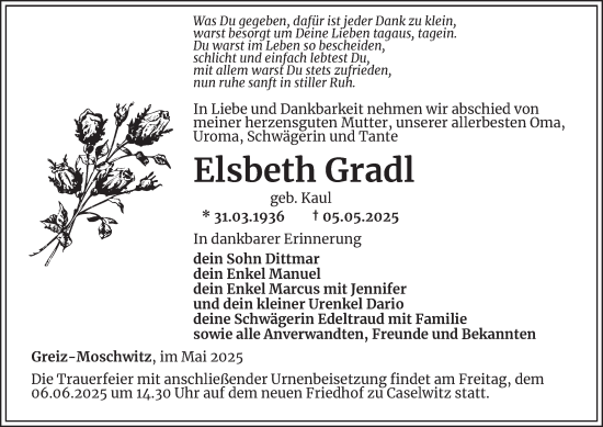 Traueranzeige von Elsbeth Gradl von Ostthüringer Zeitung