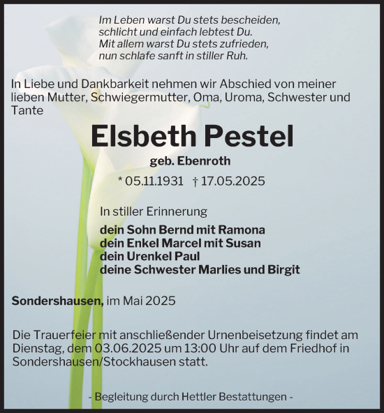 Traueranzeige von Elsbeth Pestel von Thüringer Allgemeine