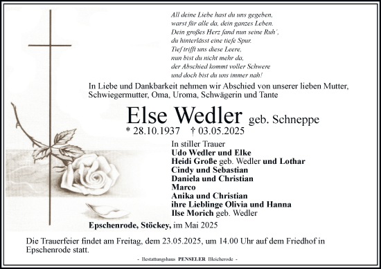 Traueranzeige von Else Wedler von Thüringer Allgemeine