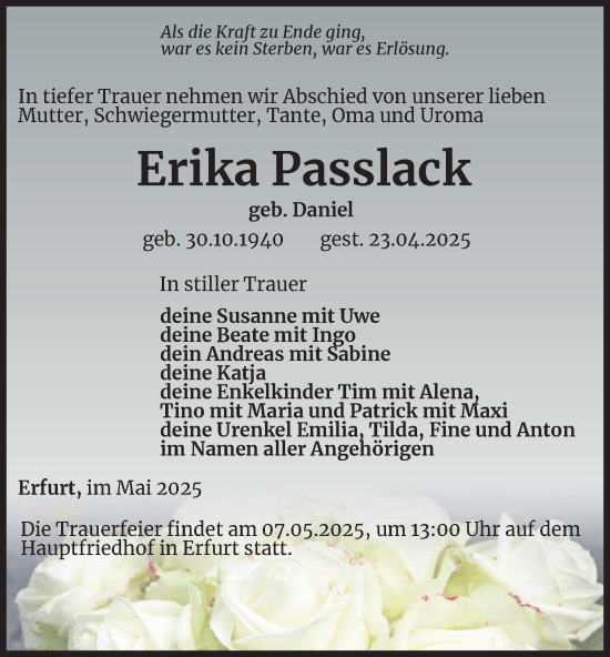 Traueranzeige von Erika Passlack von Thüringer Allgemeine, Thüringische Landeszeitung