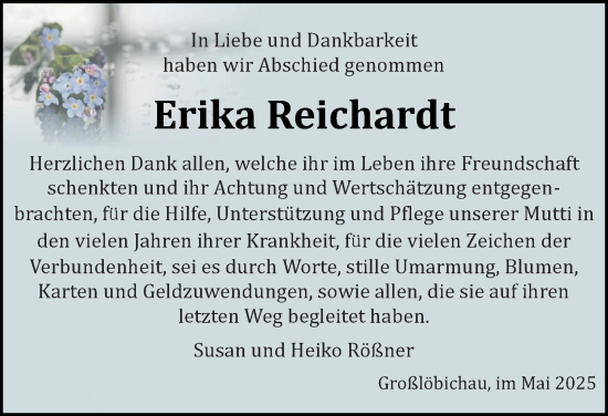 Traueranzeige von Erika Reichardt von Ostthüringer Zeitung