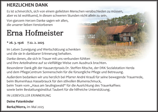 Traueranzeige von Erna Hofmeister von Thüringer Allgemeine, Thüringische Landeszeitung