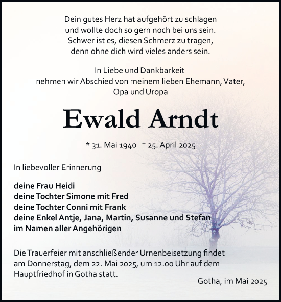 Traueranzeige von Ewald Arndt von Thüringer Allgemeine, Thüringische Landeszeitung