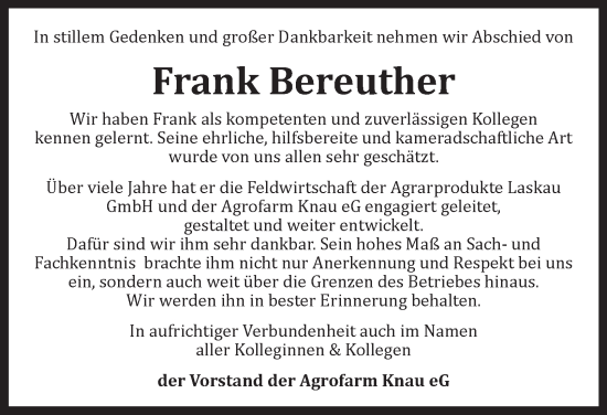 Traueranzeige von Frank Bereuther von Ostthüringer Zeitung