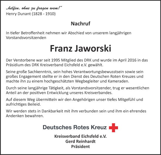 Traueranzeige von Franz Jaworski von Thüringer Allgemeine