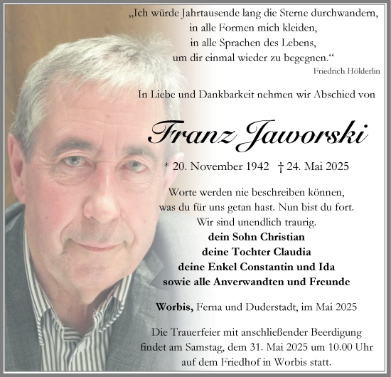 Traueranzeige von Franz Jaworski von Thüringer Allgemeine
