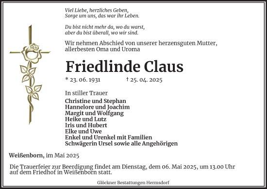 Traueranzeige von Friedlinde Claus von Ostthüringer Zeitung