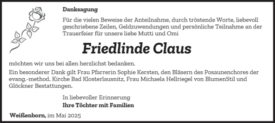 Traueranzeige von Friedlinde Claus von Ostthüringer Zeitung