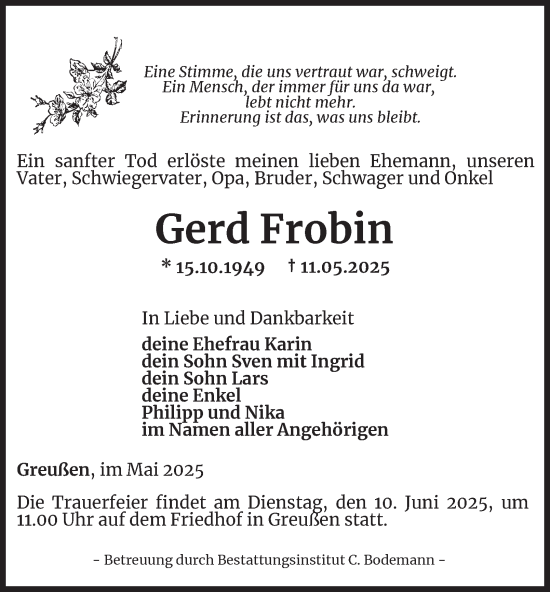 Traueranzeige von Gerd Frobin von Thüringer Allgemeine