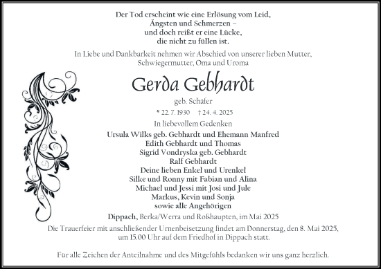 Traueranzeige von Gerda Gebhardt von Thüringer Allgemeine, Thüringische Landeszeitung