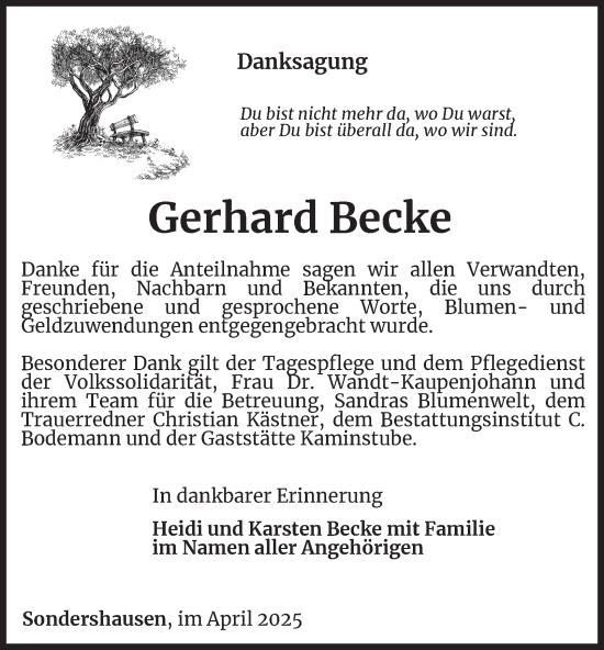 Traueranzeige von Gerhard Becke