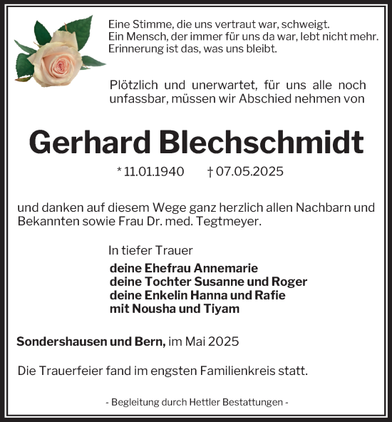 Traueranzeige von Gerhard Blechschmidt von Thüringer Allgemeine
