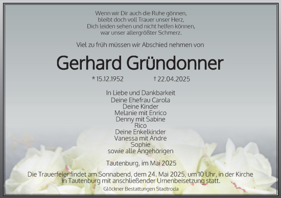 Traueranzeige von Gerhard Gründonner von Ostthüringer Zeitung