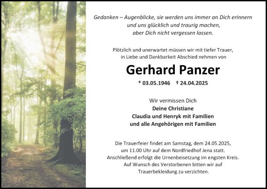 Traueranzeige von Gerhard Panzer von Ostthüringer Zeitung, Thüringische Landeszeitung