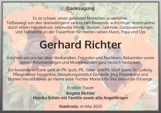 Traueranzeige von Gerhard Richter von Ostthüringer Zeitung