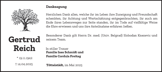 Traueranzeige von Gertrud Reich von Thüringer Allgemeine