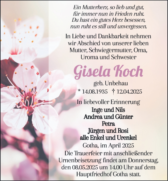 Traueranzeige von Gisel Koc von Thüringer Allgemeine, Thüringische Landeszeitung