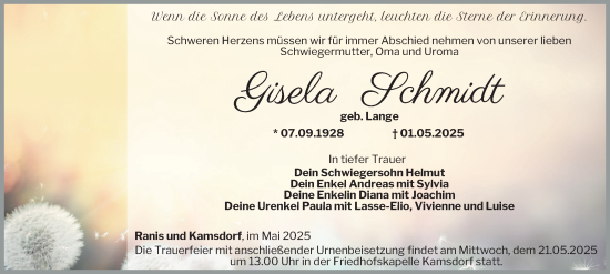 Traueranzeige von Gisela Schmidt von Ostthüringer Zeitung