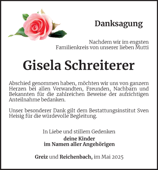 Traueranzeige von Gisela Schreiterer