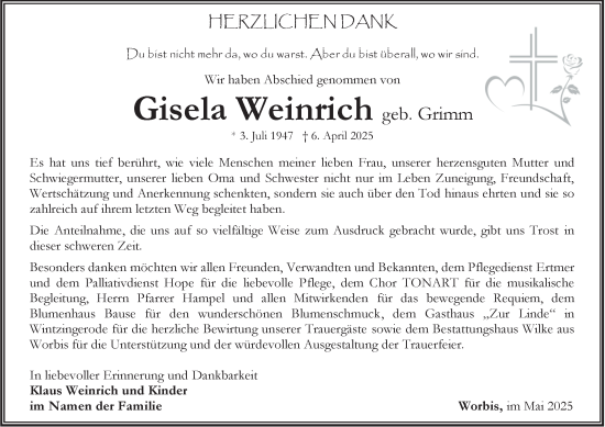 Traueranzeige von Gisela Weinrich von Thüringer Allgemeine