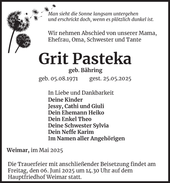 Traueranzeige von Grit Pasteka von Thüringer Allgemeine, Thüringische Landeszeitung