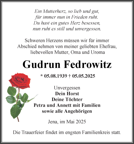 Traueranzeige von Gudrun Fedrowitz von Ostthüringer Zeitung, Thüringische Landeszeitung