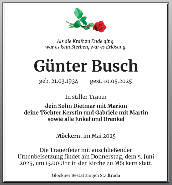 Traueranzeige von Günter Busch von Ostthüringer Zeitung