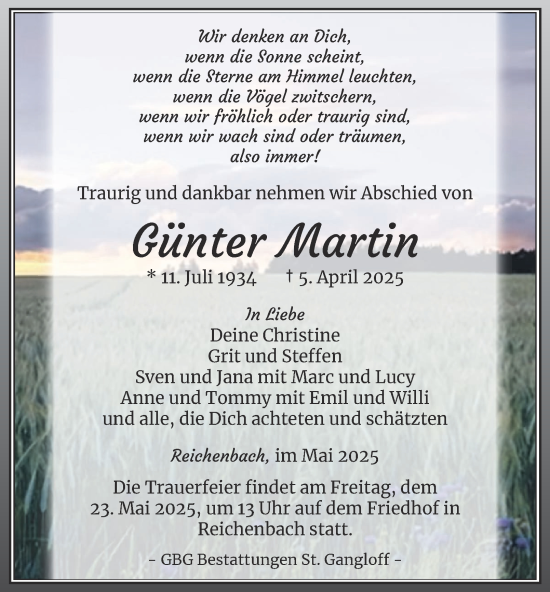 Traueranzeige von Günter Martin von Ostthüringer Zeitung