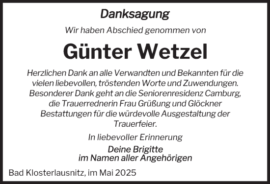 Traueranzeige von Günter Wetzel von Ostthüringer Zeitung