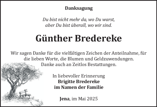 Traueranzeige von Günther Bredereke von Ostthüringer Zeitung, Thüringische Landeszeitung