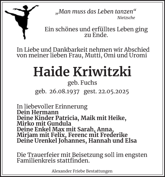 Traueranzeige von Haide Kriwitzki von Thüringer Allgemeine, Thüringische Landeszeitung