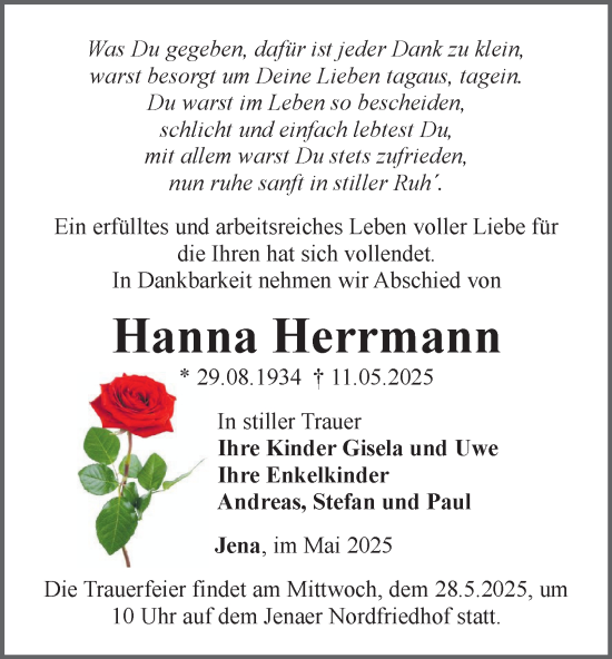 Traueranzeige von Hanna Herrmann von Ostthüringer Zeitung, Thüringische Landeszeitung