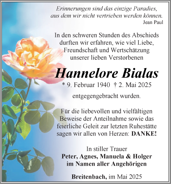 Traueranzeige von Hannelore Bialas von Thüringer Allgemeine