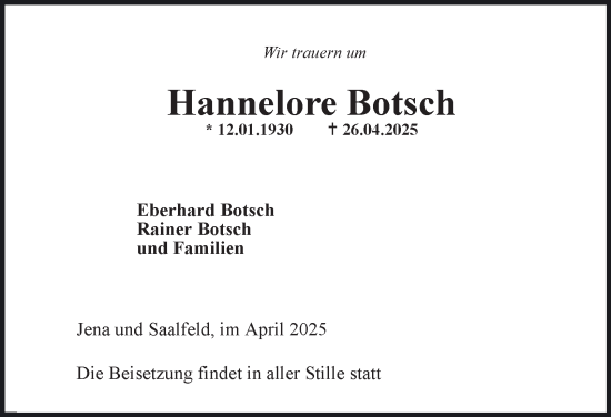 Traueranzeige von Hannelore Botsch von Ostthüringer Zeitung, Thüringische Landeszeitung
