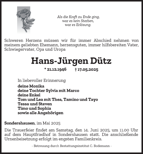Traueranzeige von Hans-Jürgen Dütz von Thüringer Allgemeine