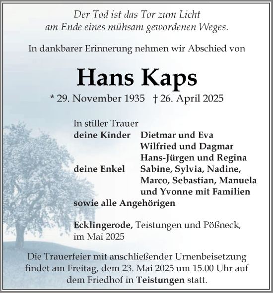 Traueranzeige von Hans Kaps von Thüringer Allgemeine