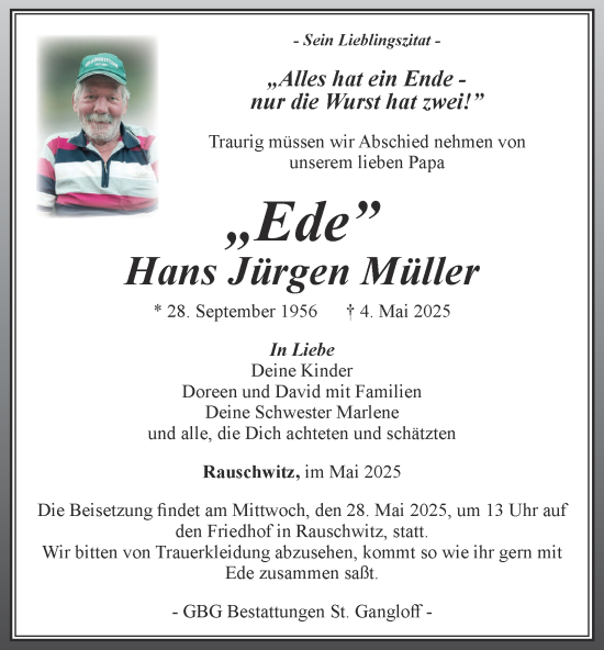 Traueranzeige von Hans Jürgen Müller von Ostthüringer Zeitung