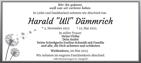 Traueranzeige von Harald Dämmrich von Ostthüringer Zeitung