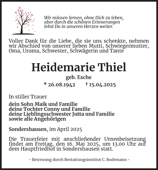 Traueranzeige von Heidemarie Thiel