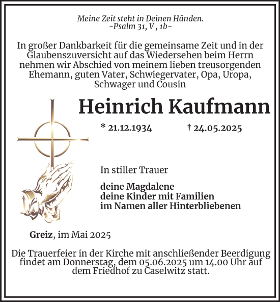Traueranzeige von Heinrich Kaufmann von Ostthüringer Zeitung