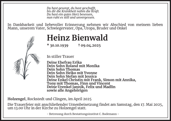 Traueranzeige von Heinz Bienwald