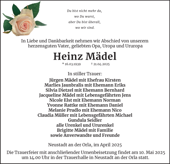 Traueranzeige von Heinz Mädel von Thüringer Allgemeine