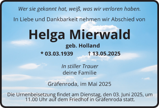 Traueranzeige von Helga Mierwald von Thüringer Allgemeine