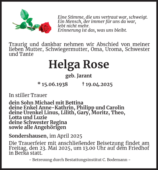 Traueranzeige von Helga Rose