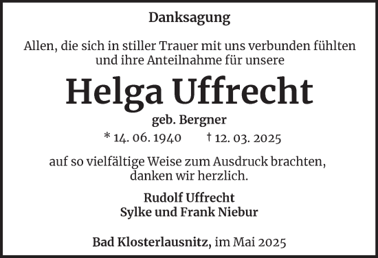 Traueranzeige von Helga Uffrecht von Ostthüringer Zeitung