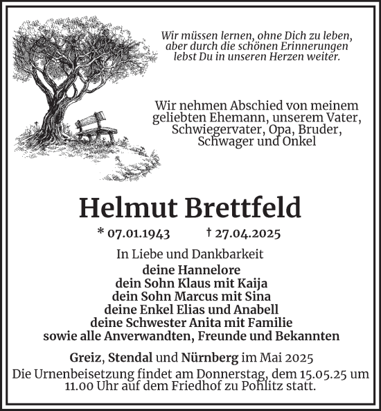 Traueranzeige von Helmut Brettfeld von Ostthüringer Zeitung