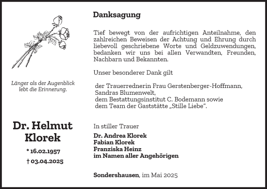 Traueranzeige von Helmut Klorek