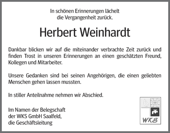 Traueranzeige von Herbert Weinhardt von Ostthüringer Zeitung